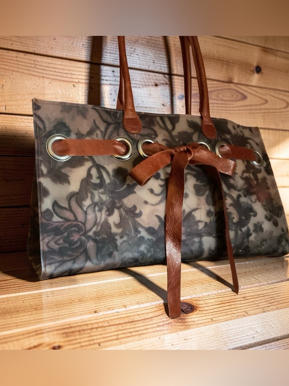 VINTAGE CLAUDIA FIRENZE JELLY FLORAL PATTERN FLORAL LEATHER TRIM TOTE BAG